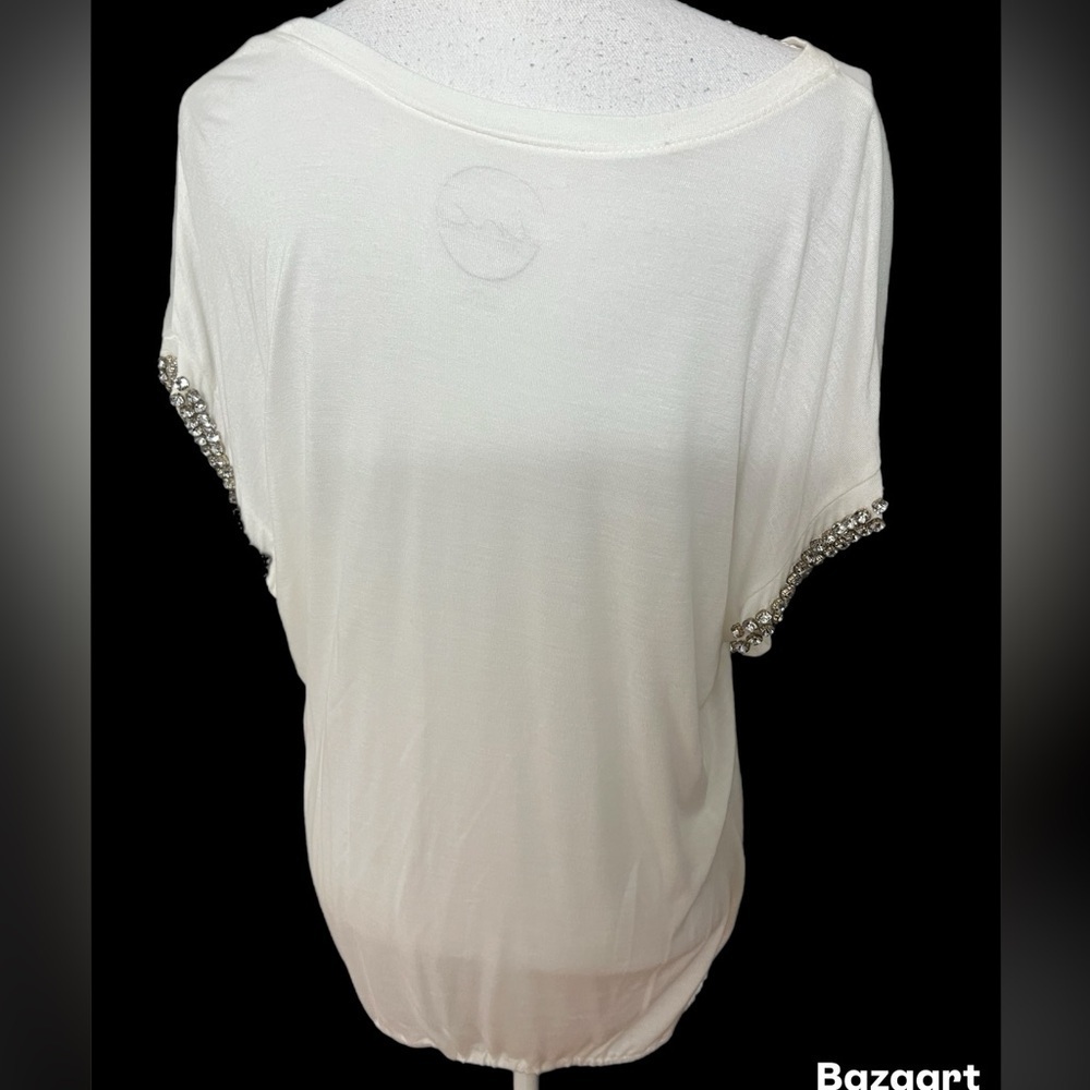 INC Women’s White Top Size 1X Rhinestone On Sleeves Elastic Bottom Sheer On Top - Picture 4 of 6